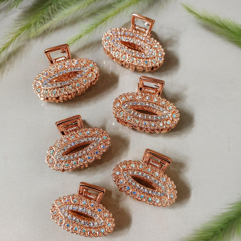 Premium Rose Gold Metal Oval Crystal Hair Claw Clip