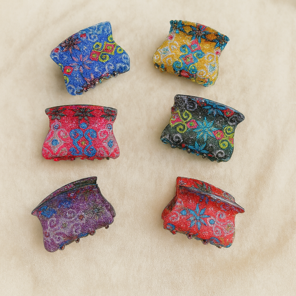 Designer Pattern Medium Hair Claw Clip – Colorful Glitter Finish