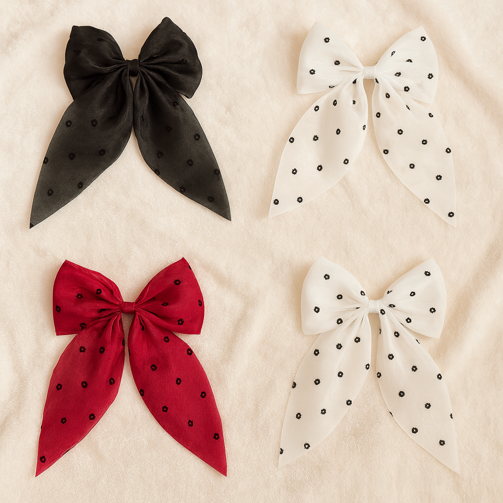 Polka Dot Long Tail Hair Bow Clip – Elegant Fabric Bow