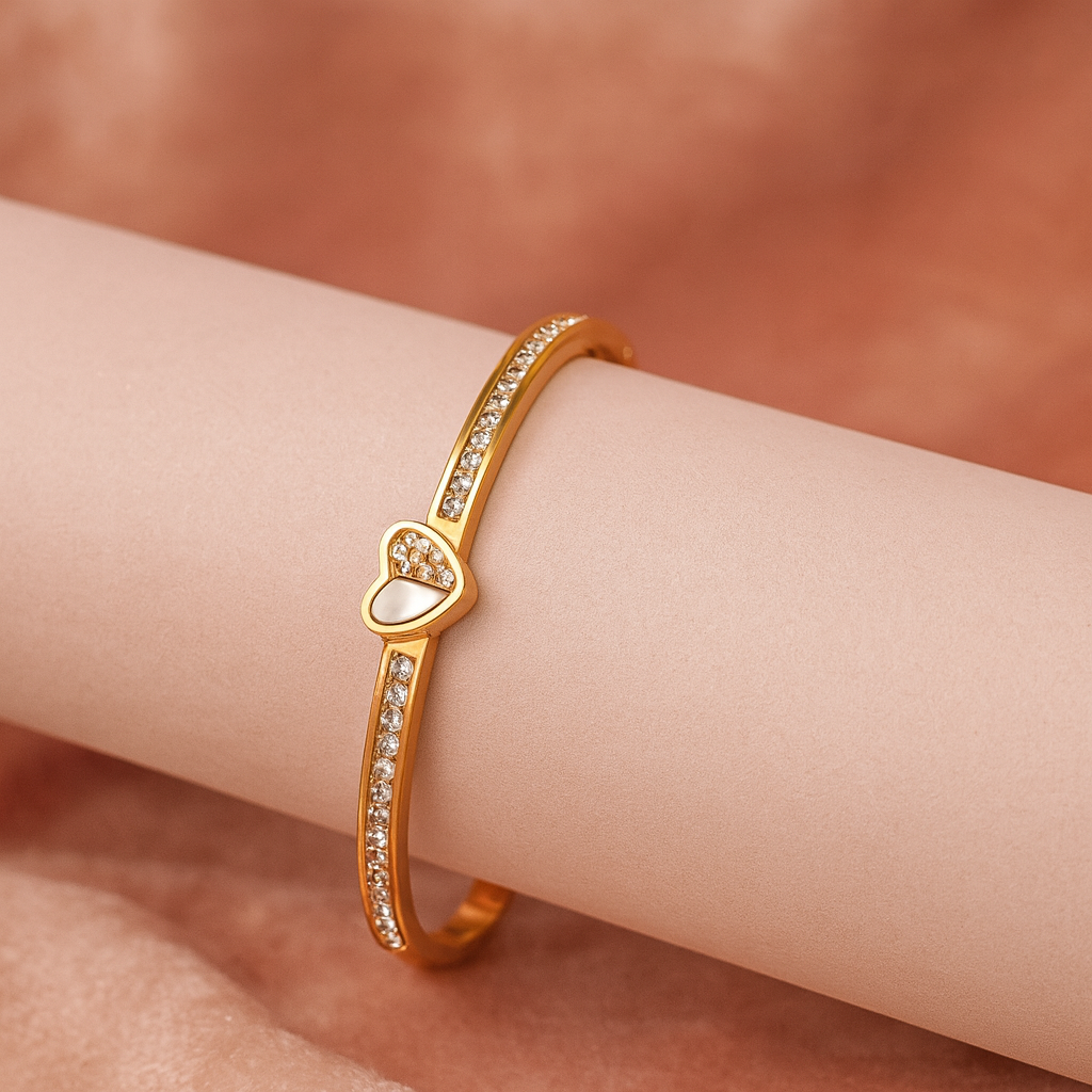 Premium Heart Elegance with Sparkling Stone-Studded Soft Golden Kada