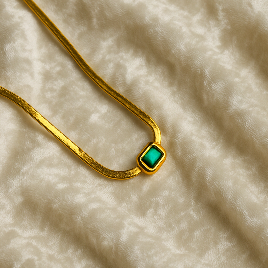 Anti-Tarnish Golden Pendant Necklace with Green Gemstone