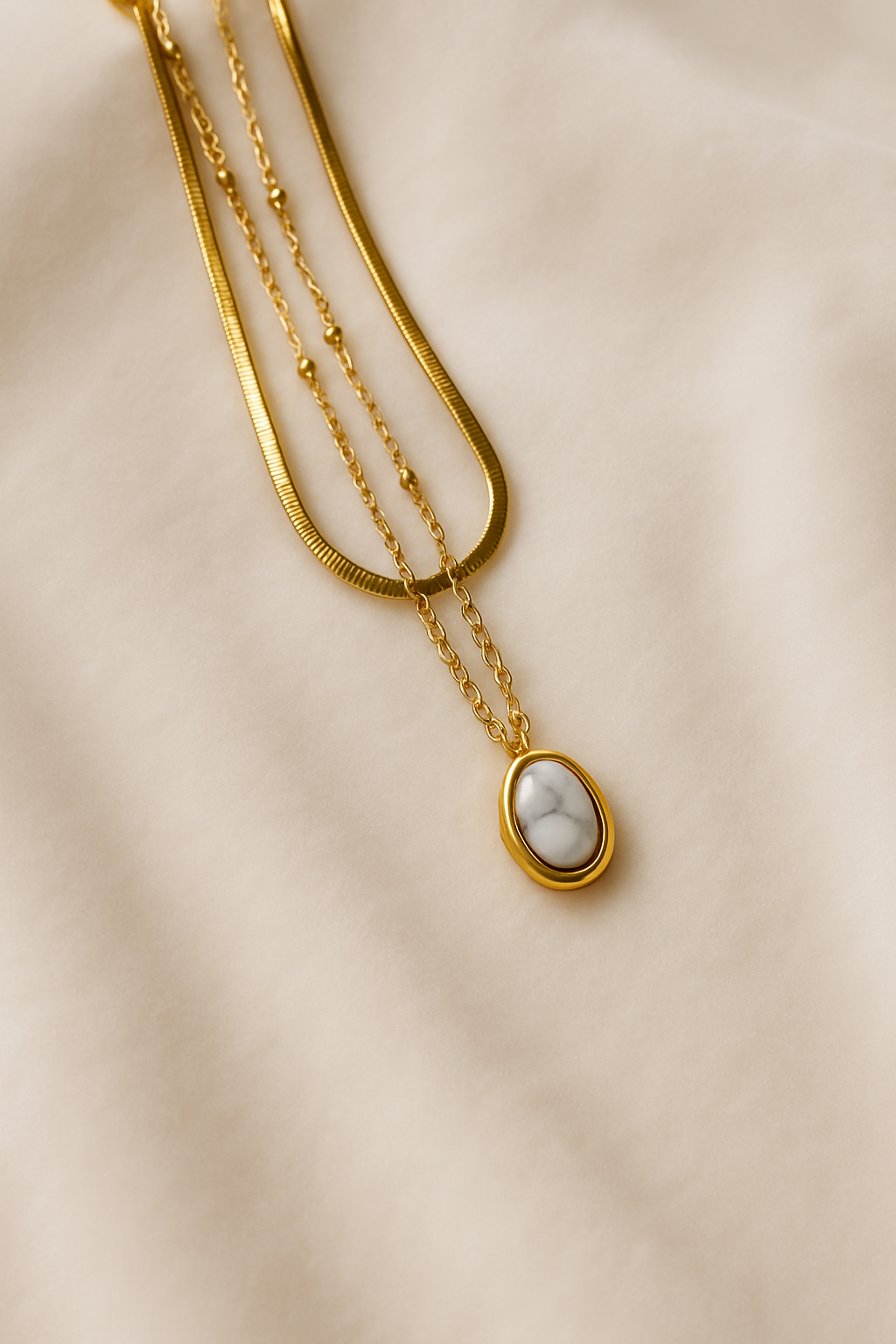 Elegant Dual-Layer Golden Necklace with Marble Stone Pendant