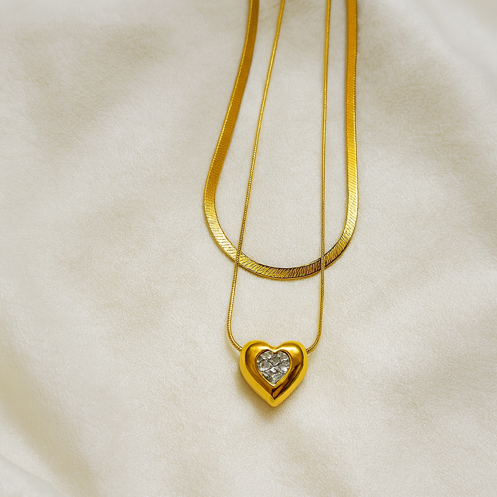 Golden Heart Pendant Necklace with Sparkling Center Stone