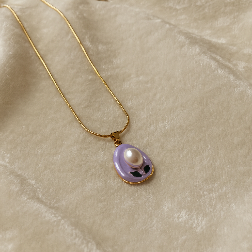Elegant Golden Pearl Pendant with Lavender Enamel
