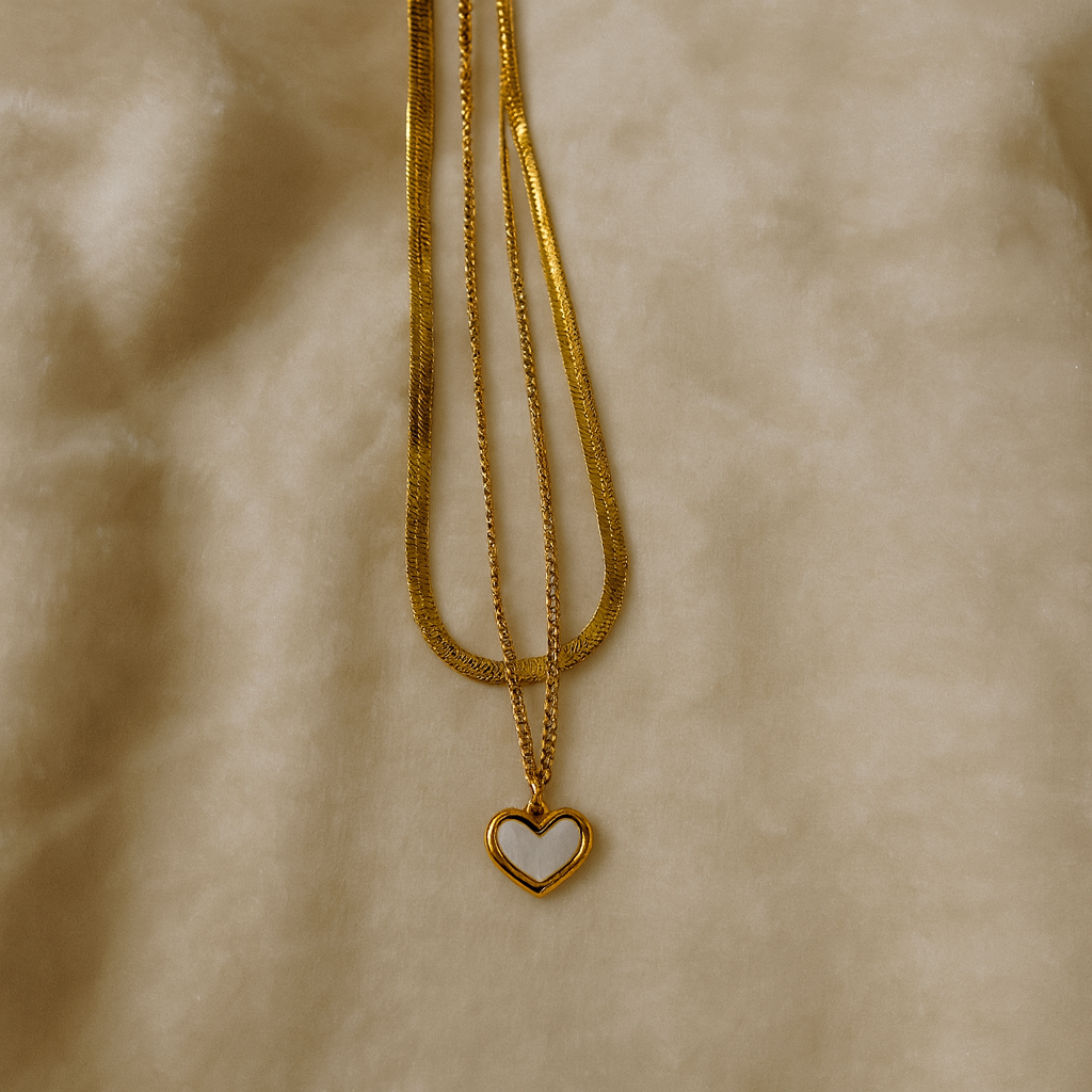 Elegant Golden Dual Layer Chain Heart Pendant with White Stone