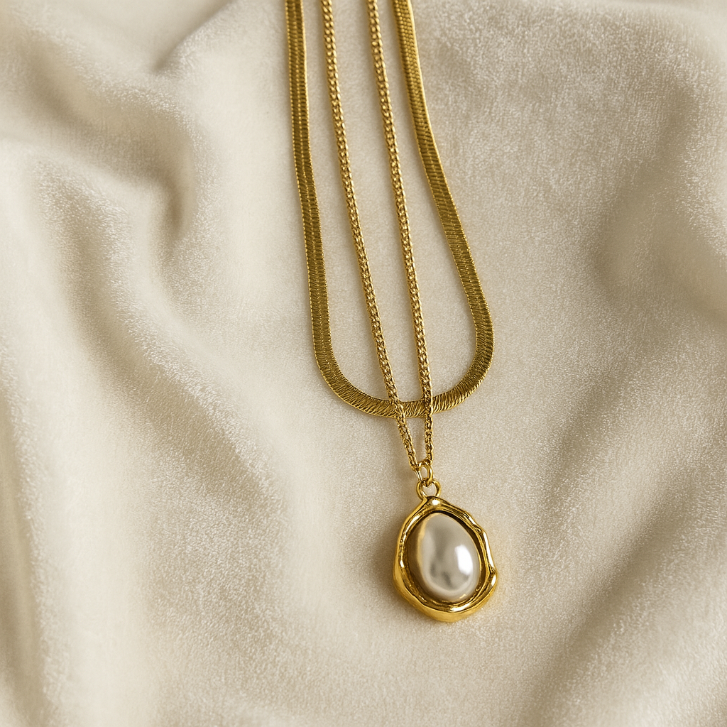 Premium Anti-Tarnish Dual Chain Golden Pearl Pendant Necklace