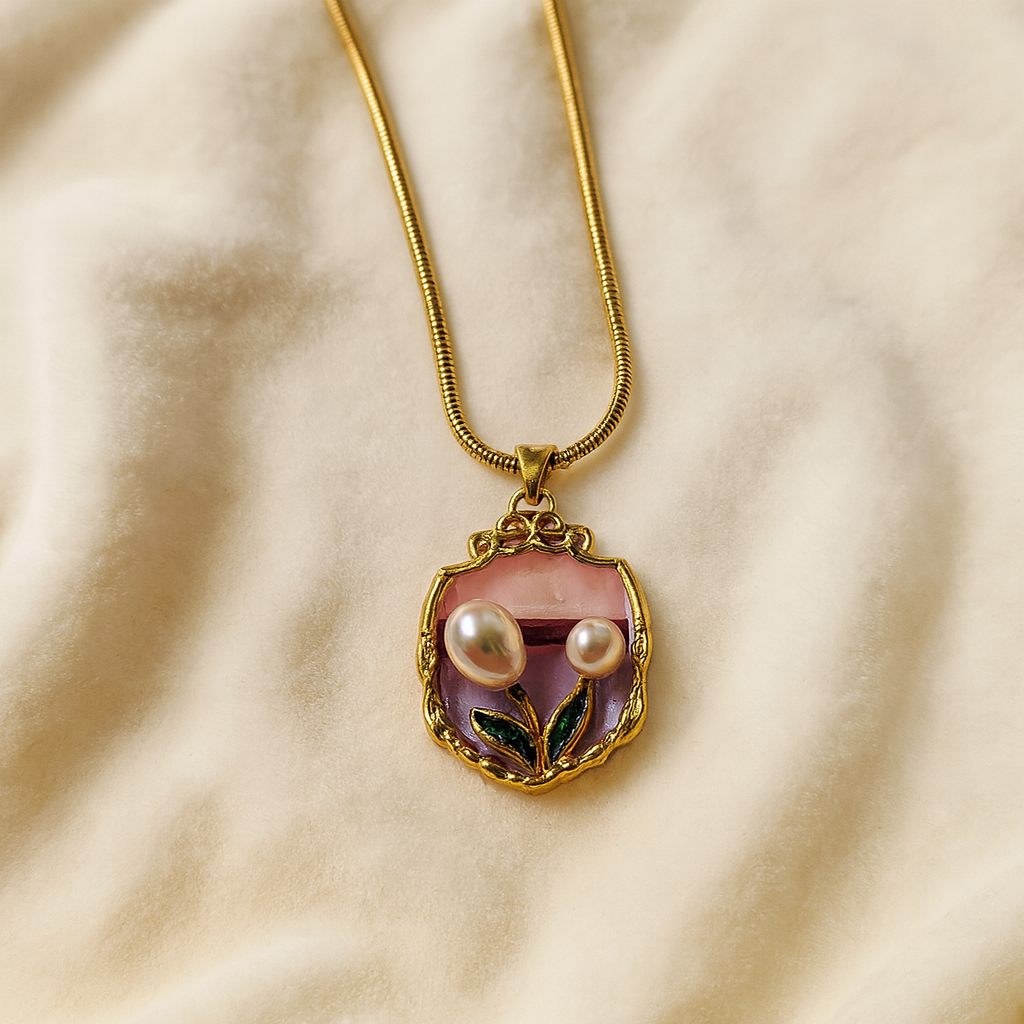 Elegant Golden Floral Dual Pearl Pendant Necklace
