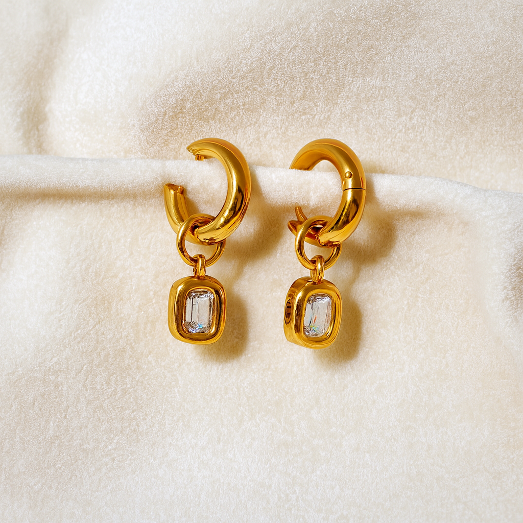 Premium Golden Drop Hoop Earrings with Sparkling Crystal Charm