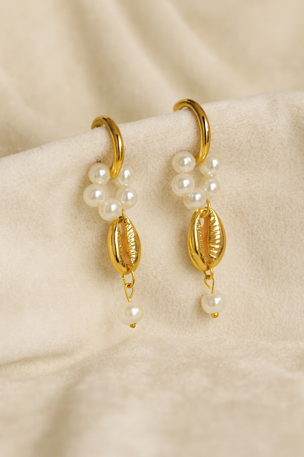 Elegant Golden Pearl Drop Earrings with Cowrie Charm