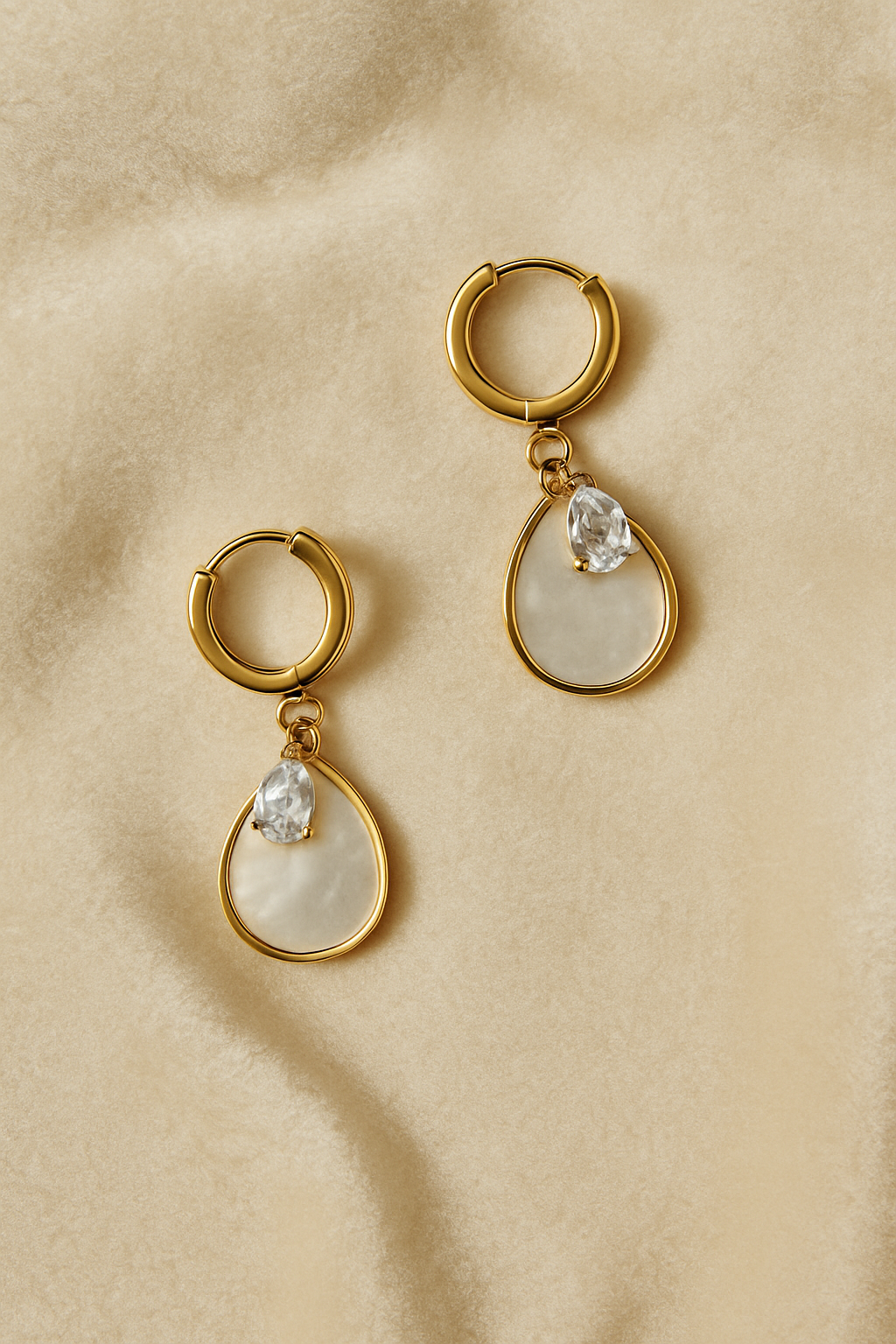 Elegant Golden Tear-Drop Earrings  with Sparkling Stone & Mother-of-Pearl