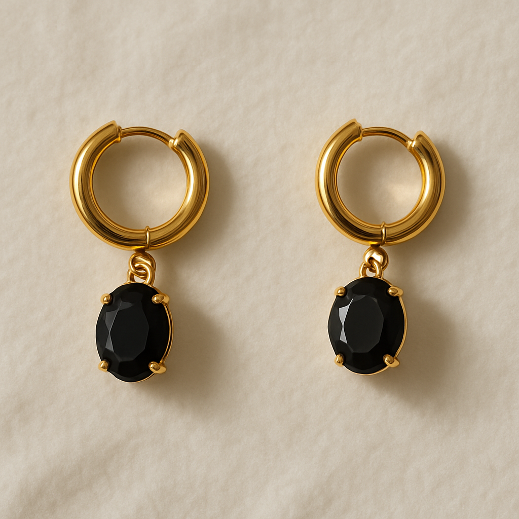 Golden Hoop Earrings with Sparkling Black Stone