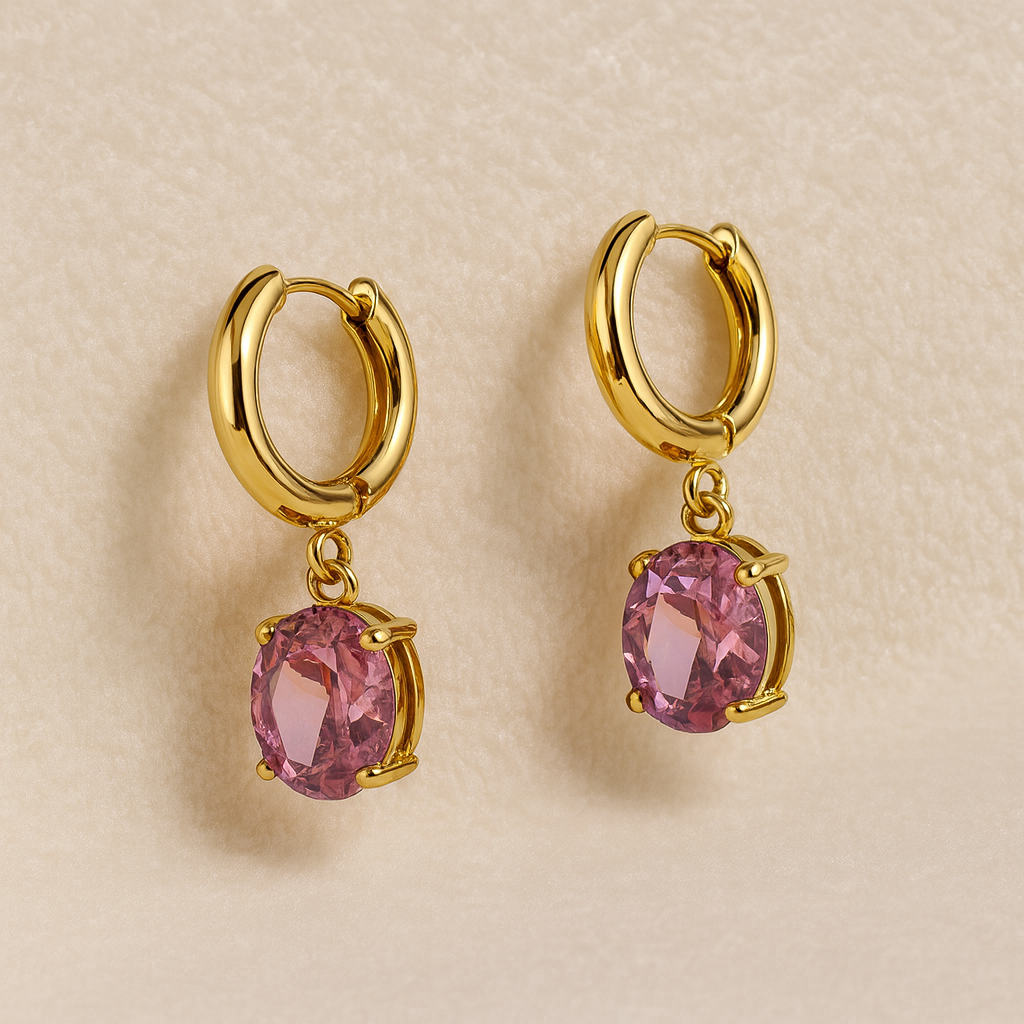 Elegant Golden Hoop Earrings with Sparkling Pink Stone