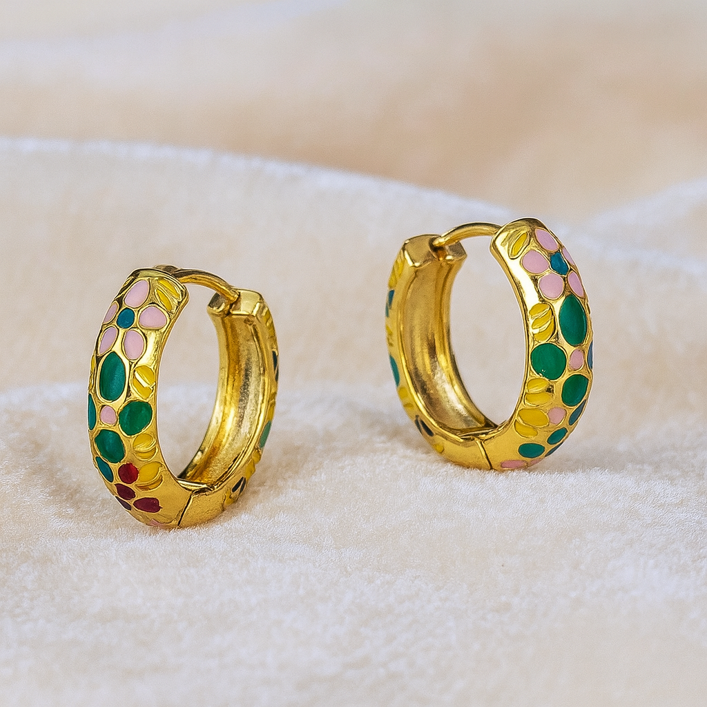 Golden Multicolor Floral Enamel Hoop Earrings