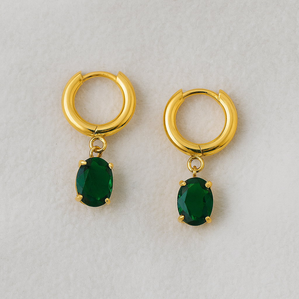 Elegant Golden Hoop Earrings with Sparkling Green Stone