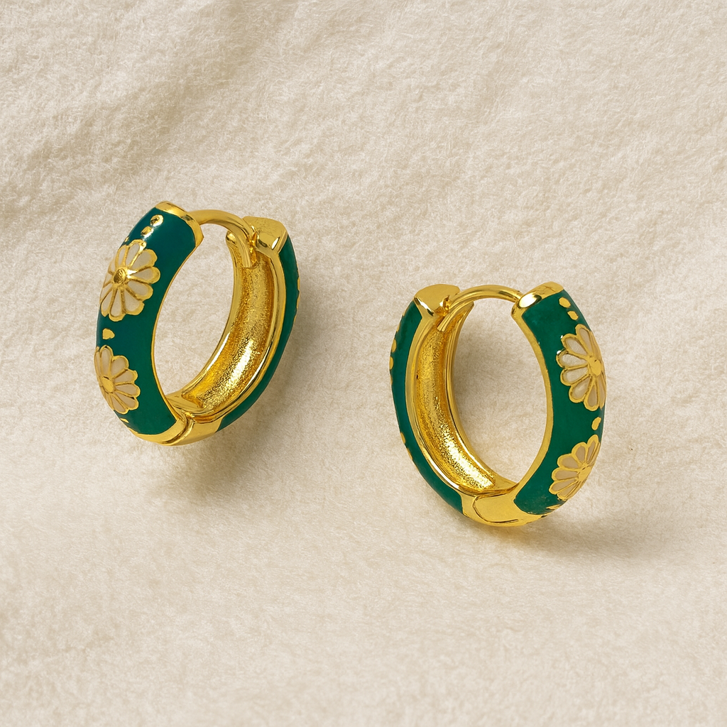 Elegant Green & White Daisy Golden Floral Hoop Earrings