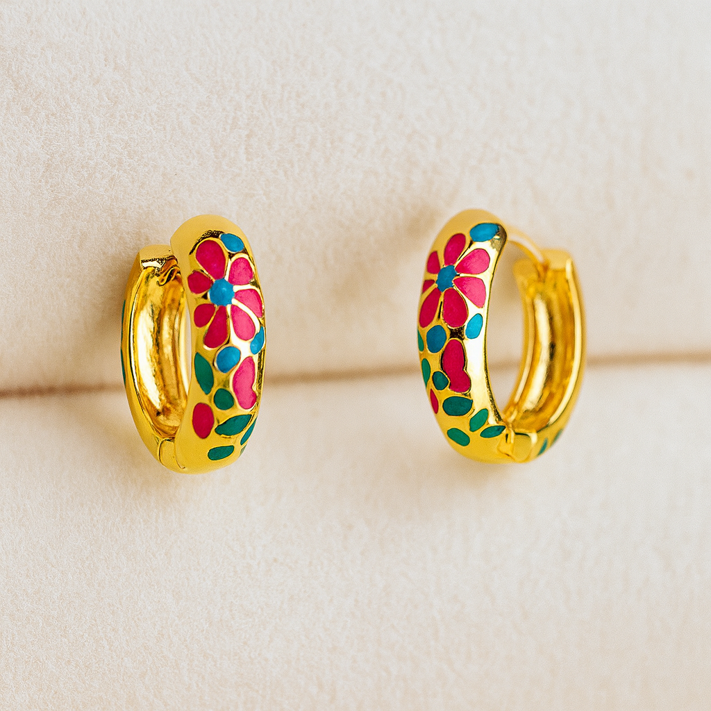 Elegant Pink / Green / Yellow Golden Floral Hoop Earrings