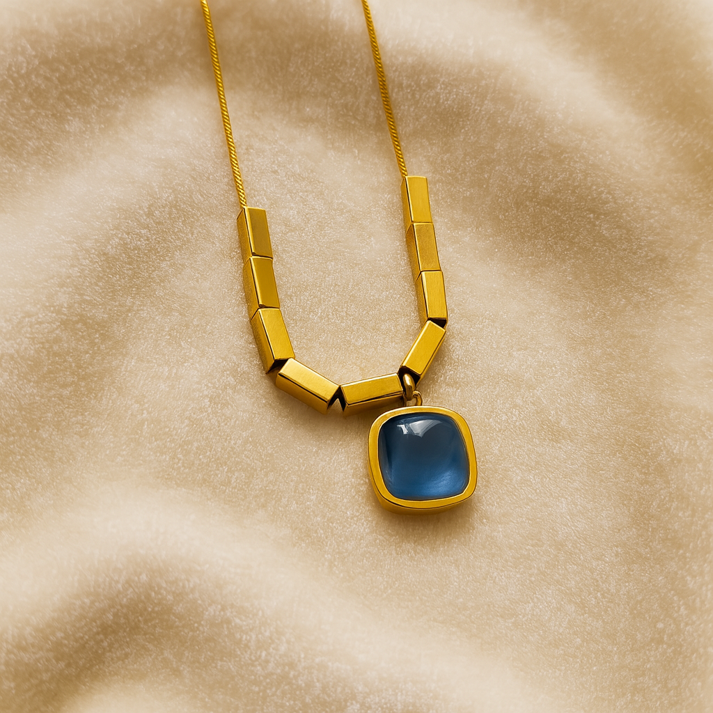 Golden Anti tarnish Pendant Necklace with Classic Geometric Stone