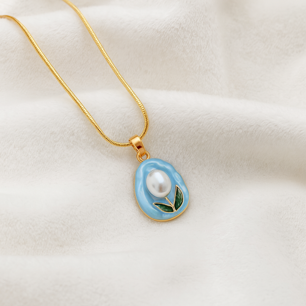 Elegant Golden Pearl Pendant with Lavender Enamel