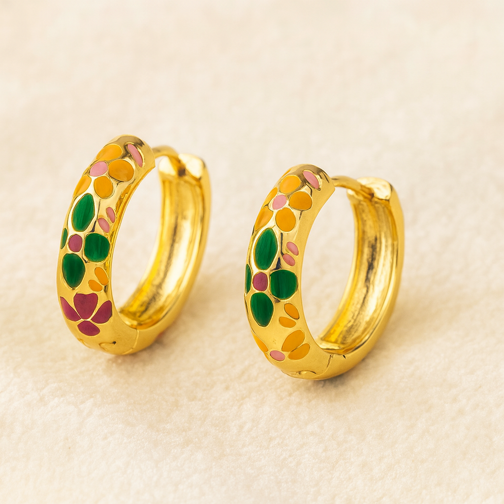 Golden Multicolor Floral Enamel Hoop Earrings